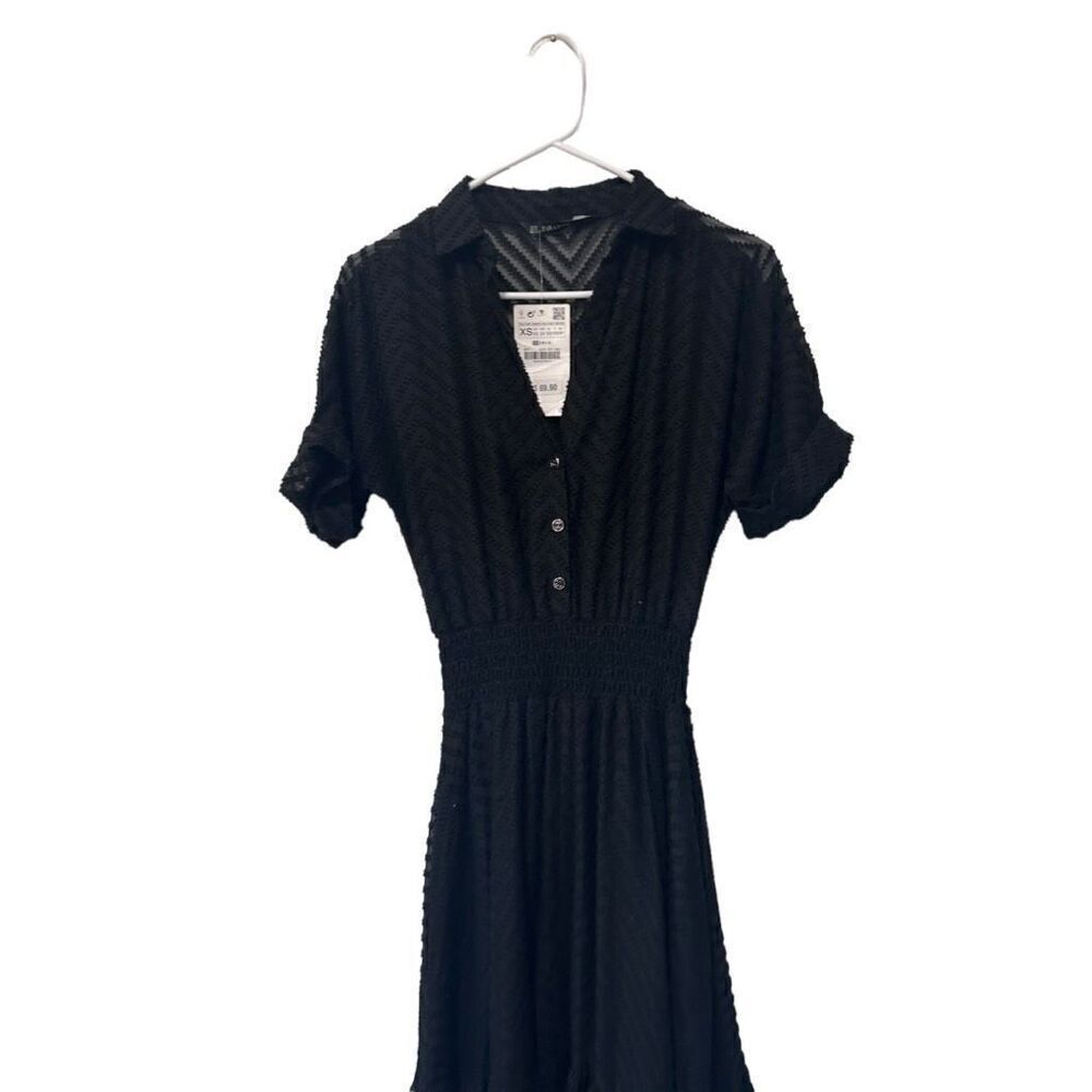Zara Basic Short Sleeve Button Front Smocked Waist Shirt Dress Black Size XS NWT - Picture 3 of 14